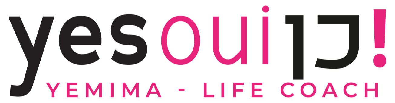 "Yes oui can !" Baseline. Yemima Shindler Life coach. Base line basée sur le jeu de mot "oui" en plusieurs anglais, français et hebreu.